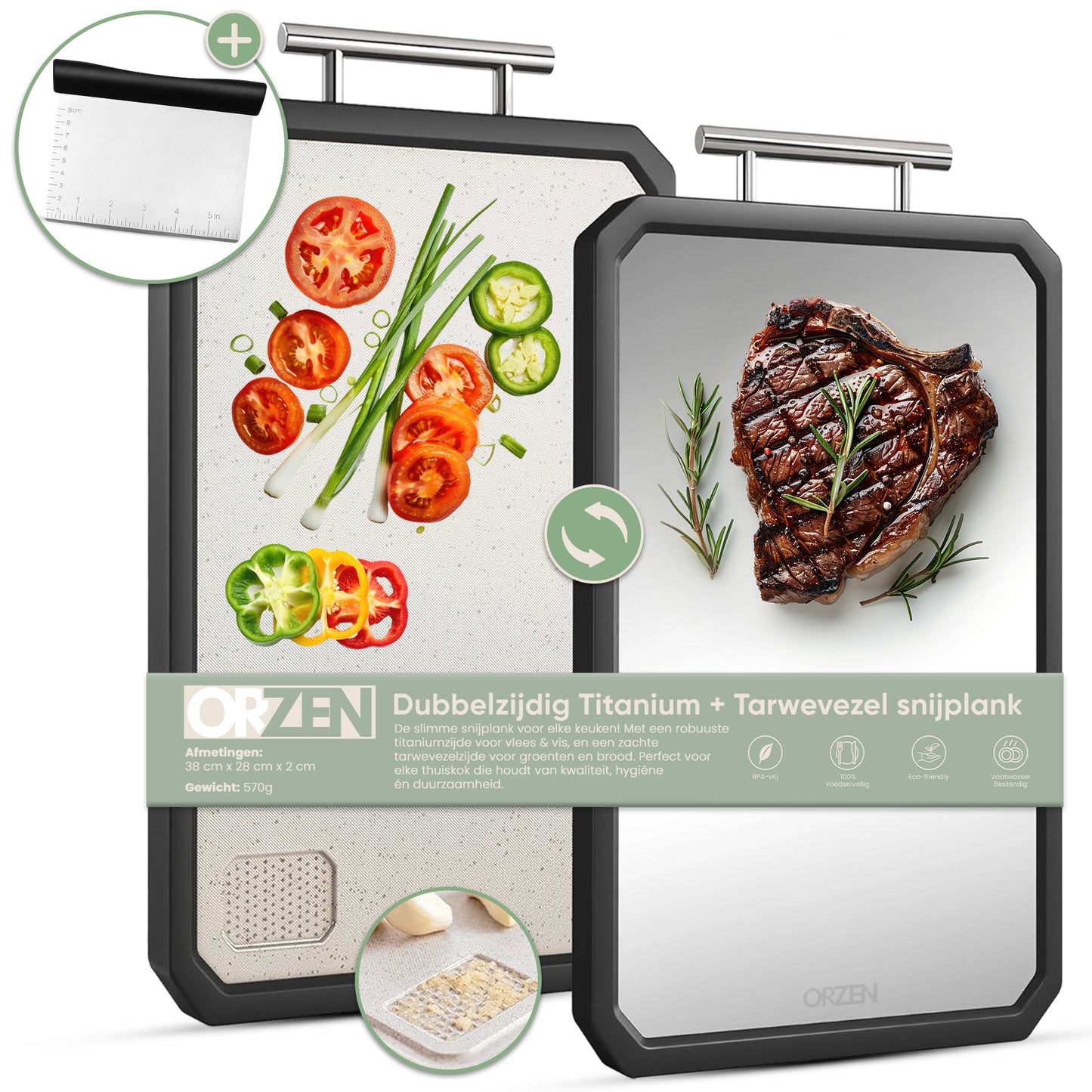 Titanium snijplank met design handvat | PFAS-vrij